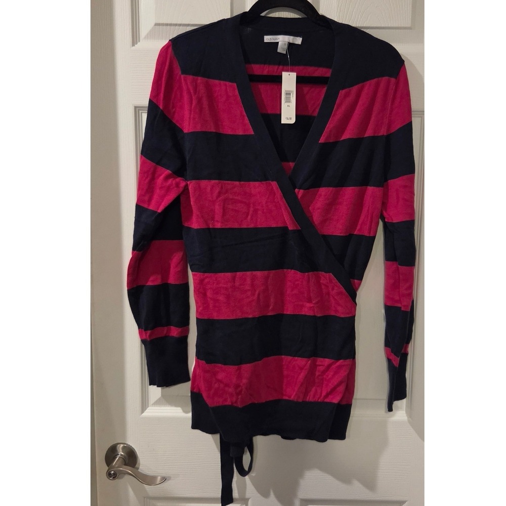 Old Navy NWT XL Rugby Stripe Wrap Sweater Navy Magenta Preppy 100% Cotton
